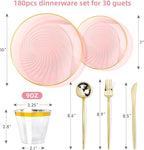 N9R 180 PCS Disposable Dinnerware Set with Gold Rim for 30 Guests, Pink Plastic Plates Include 30 Dinner Plate, 30 Dessert Plates, 30 Cups, 90 Heavy Duty Gold Plastic Silverware for Party & Wedding