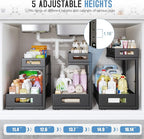 2 Pack 19IN Depth Under Sink Storage Organizer, Large 2-Tier Elegant Mesh Pull Out Shelf for Kitchen and Bathroom Cabinet Organization, L-Shaped and Adjustable Height Design-Black