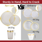 Nervure 175pcs Clear Black Plastic Plates - Gold Plastic Dinnerware Set for 25 Guests include 50 Disposable Plates,75 Gold Silverware,25 Cups,25 Napkins Perfect for Party&Independence Day