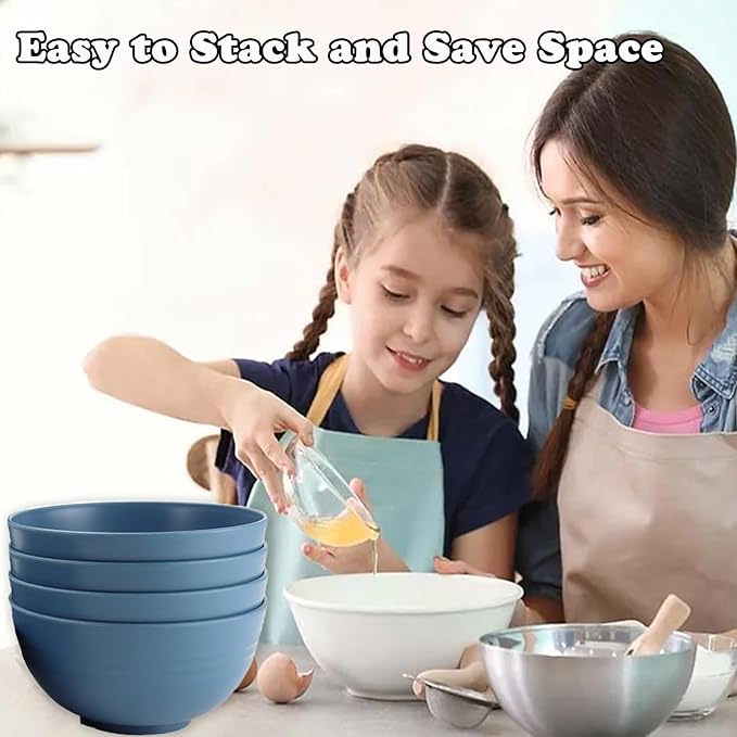 Unbreakable Wheat Straw Cereal Bowls Set of 4, 24 OZ Microwave and Dishwasher Safe Lightweight Soup and Salad Bowl Sets, Reusable Dessert Bowls for Rice, Pasta, Snack, Fruit, BPA Free (Dark Blue)
