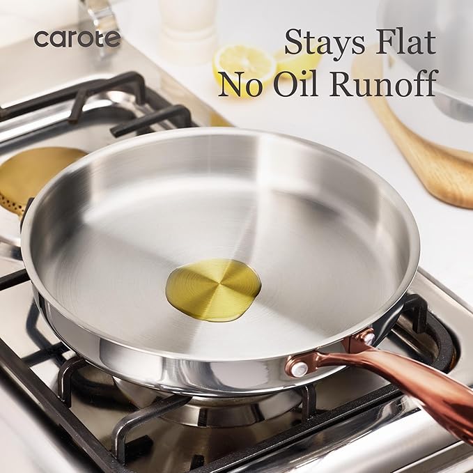 CAROTE 8"+10" Stainless Steel Frying Pan Set, Non-Toxic PTFE & PFOA Free Fry Pan & Omelet Pan, Oven Safe, Compatible with Induction, Ceramic, Gas Cooktops, Gold