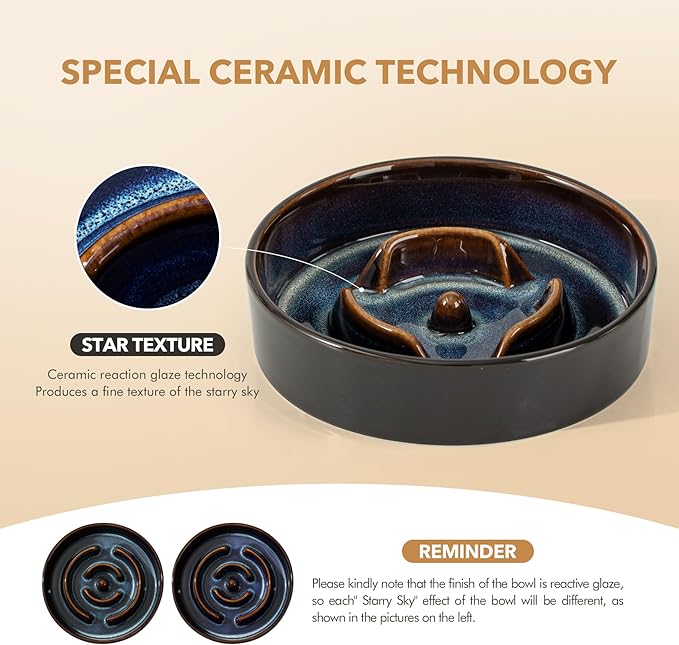 Havniva Ceramic 0.9 Cup Dog Bowl Slow Feeder for Small Dog and Cat, 6.1inch Pet Slow Dish, Stop Bloat, Preventing Choking(Single Bowl, Starry Sky)