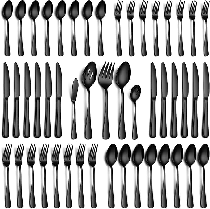 45 Piece Black Silverware Set with Serving Utensils, Stainless Steel Flatware Set for 8 Food Grade Cutlery Utensil Set Include Knife Fork Spoon Mirror Polished Dishwasher Safe