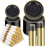 BESTVIP 350PCS Black Gold Dinnerware Set for 50 Guests, Plastic Plates for Halloween Party and Christmas, 50 Disposable Plates, 50 Dessert Plates, 50 Cups, 50 Spoons, 50 Forks and 100 Knives