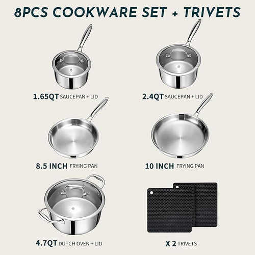 3 Ply Stainless Steel Cookware Set, AIVIKI 10-Pieces Pots and Pans Set, Induction Kitchen Cookware Set, Oven Safe to 500℉, Chef Quality Cooking Set w/Fry Pans, Saucepans, Dutch Oven, Kitchen Essential
