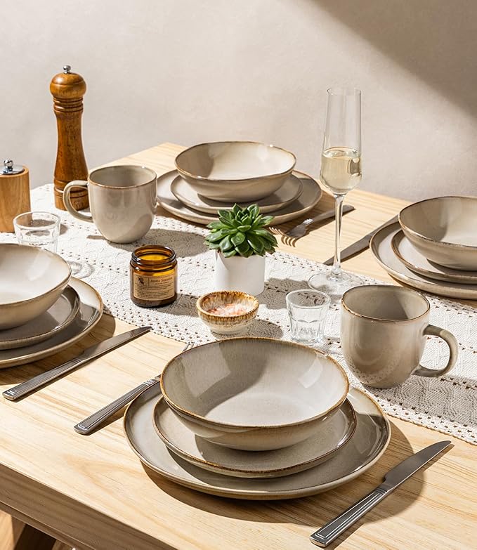 GBHOME Stoneware Dinnerware Sets for 4, 12 Pieces Rustic Ceramic Plates and Bowls Set, Handmade Reactive Glaze, Highly Chip Resistant Dishes, Microwave & Dishwasher Safe, Oatmeal Linen