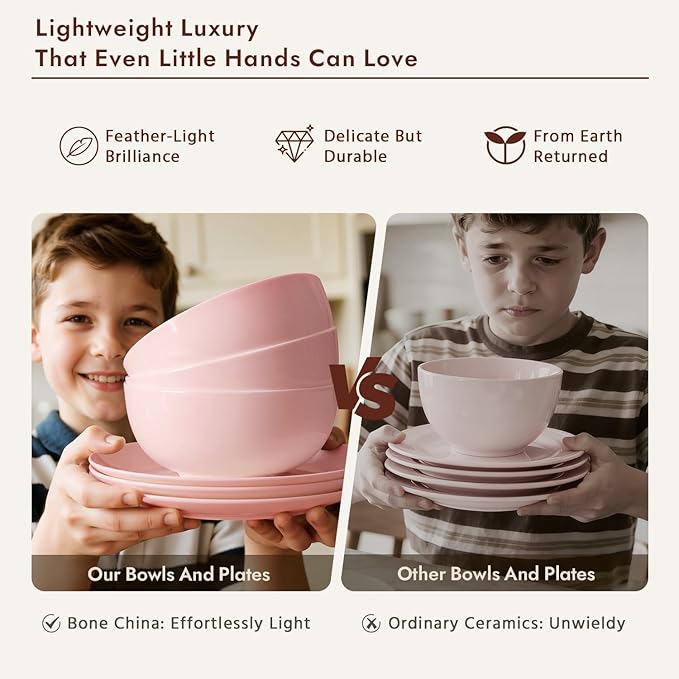 KINGSTONE 12-Piece Bone China Dinnerware Set for 4, Lightweight Porcelain Round Plates and Bowls Set, Durable Scratch Resistant Ceramic Dinner Set, Microwave & Dishwasher Safe, Sakura Pink