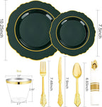 Liacere 350PCS Green Plastic Plates - Dark Green Disposable Plates With Gold Rim - 50Guest Baroque Plastic Dinnerware include 100Plates-50Pcs Pre Rolled Napkins with Silverware 50Cups for Party