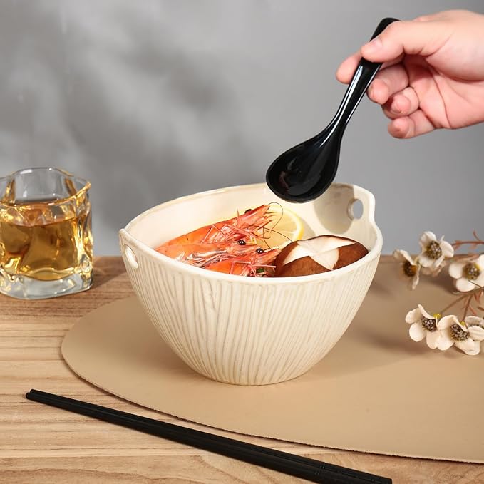 Ceramic Ramen Bowl with Chopsticks,6.7 Inch Noodle Bowls,Pho Bowls and Spoons Set,Japanese Bowl for Pho,Udon,Soba,Noodle,Microwave Safe,Set of 2 (Retro White)