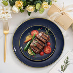 bUCLA 150PCS Blue and Gold Plastic Plates - 25 Guests Navy Blue Plastic Dinnerware Disposable for Party and Graduation - Include 25 Dinner/Dessert Plates, 25 Knives, 25 Forks, 25 Spoons, 25 Cups