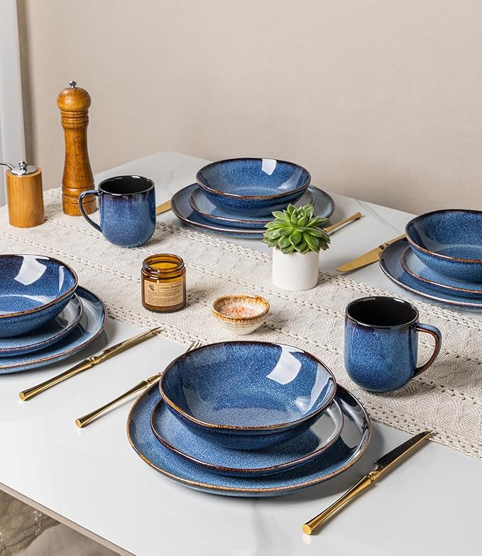 GBHOME Stoneware Dinnerware Sets for 8, 24 Pieces Rustic Ceramic Plates and Bowls Set, Handmade Reactive Glaze Plate Sets, Highly Chip Resistant Dishes, Microwave & Dishwasher Safe, Sea Blue