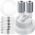 Bestluck 350PCS Clear Plastic Plates with Silver Trim for 50 Guests, Disposable Dinnerware Set for Party & Wedding, Includes 100 Plastic Plates, 50 Pre Rolled Napkins with Silver Silverware, 50 Cups