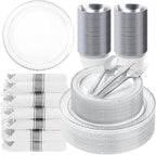 Bestluck 350PCS Clear Plastic Plates with Silver Trim for 50 Guests, Disposable Dinnerware Set for Party & Wedding, Includes 100 Plastic Plates, 50 Pre Rolled Napkins with Silver Silverware, 50 Cups