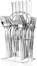 24 Pieces Flatware Set, Stainless Steel Cutlery Set with Silverware Holder, Spoons Forks Knives Set,Hanging Silverware Set Service for 6,Dishwasher Safe (Silver)