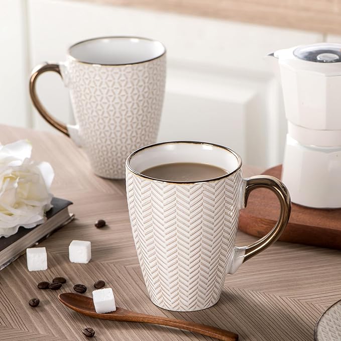 Ceramic Coffee Mug Set - 16 Oz Large Coffee Mugs - Embossed Stoneware Cups with Handle for Latte Tea Cappuccino Cocoa - Microwave Dishwasher Safe - Set of 4 - White