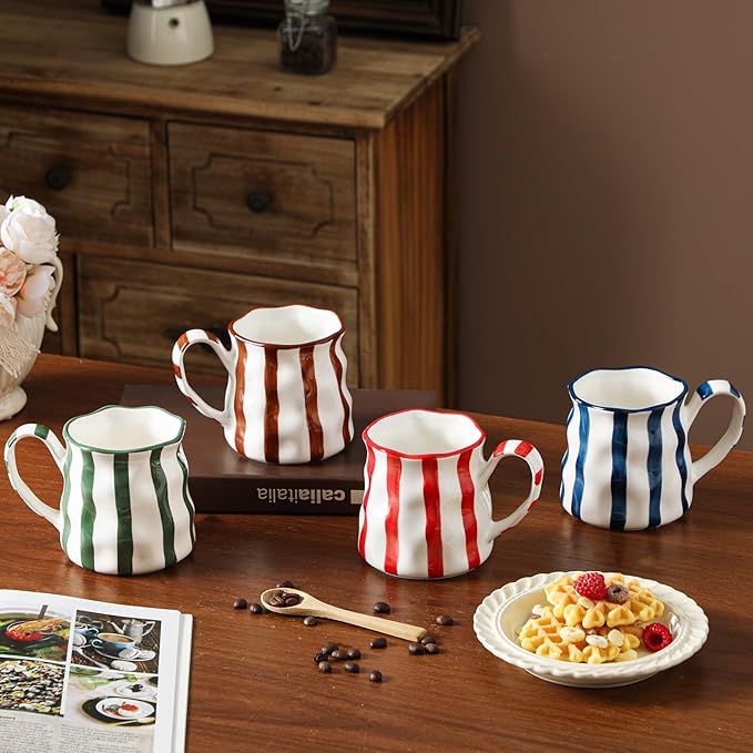 Ceramic Coffee Mugs Set of 4,Cute Mugs (Striped),14 oz Large Cups For Latte Tea Milk，Hand Painted Coffee Mugs Set Dishwasher Microwave Safe