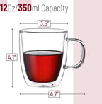 BTaT- Double Walled Glass Coffee Mugs, 12 oz, Set of 4, Glass Coffee Cups with Handle, Insulated Clear Coffee Mug for Hot Beverages, Cappuccino, Latte, Tea, Americano, Microwave & Freezer Safe