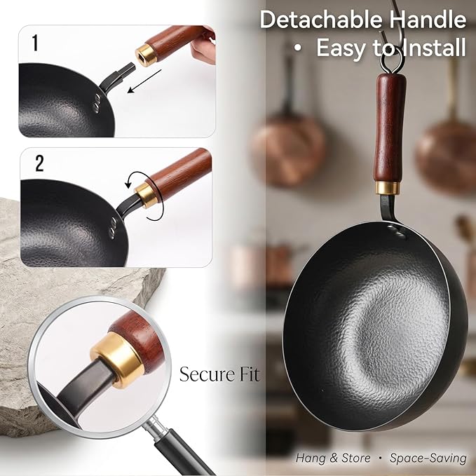 Carbon Steel Wok Pan with Wooden Lid, 7.8-Inch (1.6QT) Small Wok, Cold-Forged Flat Bottom Stir Fry Pan, Coating-Free, Induction Ready, for Eggs, Ramen, Soup & Oatmeal