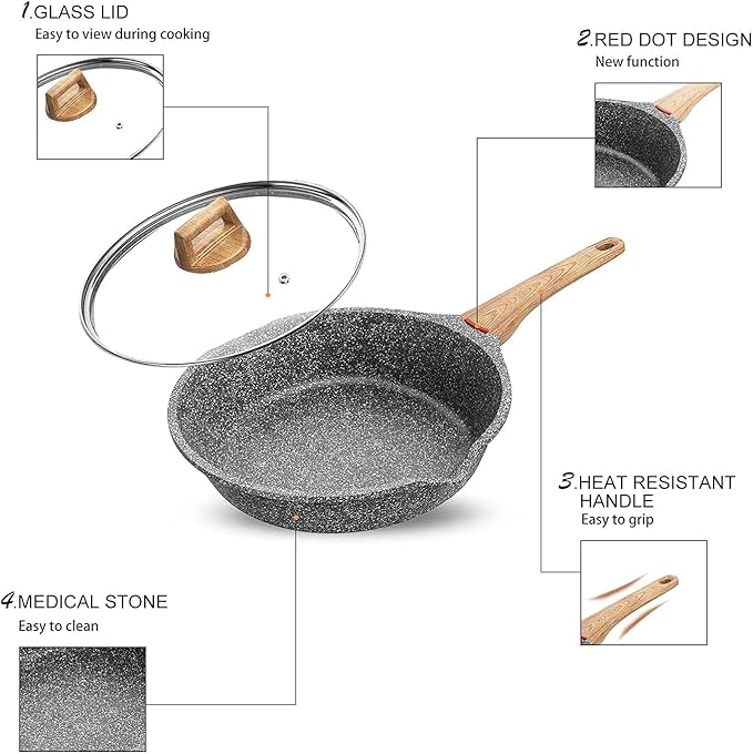 Induction Nonstick Skillet Frying Pan,Swiss medical stone Omelette Pan, Scratch-Resistant Safe Cookware Set，PFOA Free (9.5 inch)