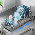 Expandable Dish Drying Rack for Sink or Countertop – Compact Stainless Steel Dish Drainer with Removable Utensil Holder, Rustproof Plate Rack for Small Kitchen Spaces, Grey