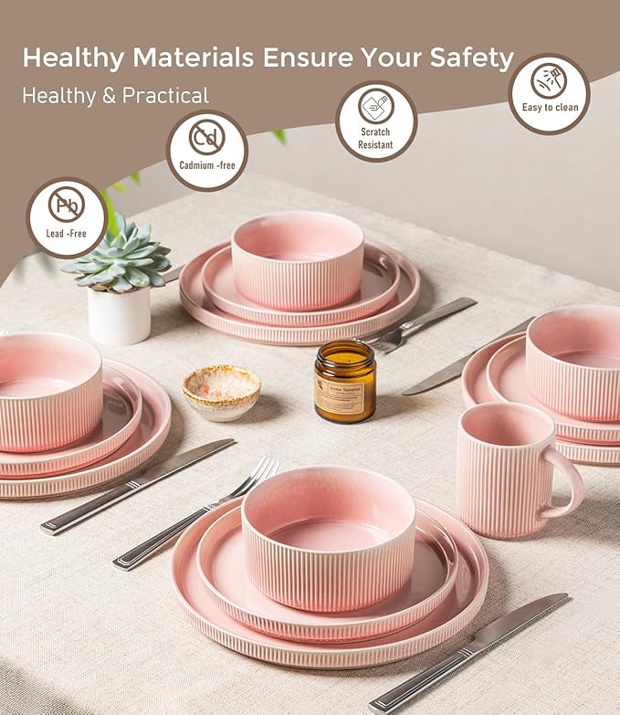 GBHOME 12-Piece Stoneware Dinnerware Set for 4 – Ribbed Ceramic Plates and Bowls, Scratch-Resistant, Microwave & Dishwasher Safe, Reactive Glaze, Blush Veil