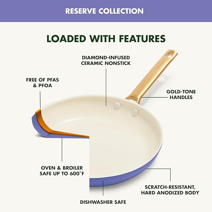 GreenPan Hard Anodized Healthy Ceramic Nonstick 8" 10" & 12" 3 Piece Frying Pan Skillet Set, Gold Handle, PFAS-Free, Dishwasher Safe, Oven Safe, Periwinkle