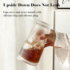 2 Pack Iced Coffee Cup with Lids, 20oz Clear Glass Tumbler with Straw & Lid, Ribbed Glassware Cups, Dishwasher Safe Drinking Glasses, Stylish Glass Cups for Coffee, Juice, Tea, Matcha