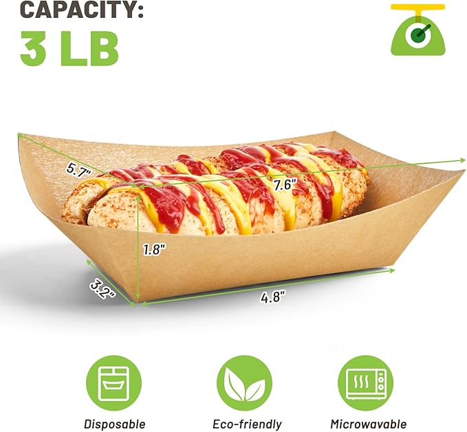 ZORRITA 3 Lb Paper Food Trays - 100 Pack Disposable Nacho Trays, Kraft Paper Food Boats Taco Holders Party Serving Baskets for Hot Dogs Snacks Tacos Fries