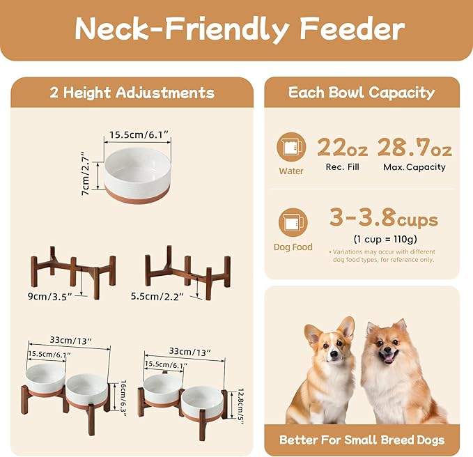 Havniva Ceramic 6.1inch Raised Double Dog Bowls Set with Acacia Wood Stand, 2 Heights Elevated, Food & Water Bowls for Small Dogs(28.2oz, Vanilla White)