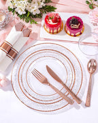 Ciaell 350PCS Rose Gold Plastic Plates - Clear Rose Gold Disposable Plates with Plastic Silverware include 100Plates, 150Silverware, 50Cups, 50Napkins for Wedding & Party & Mother's Day