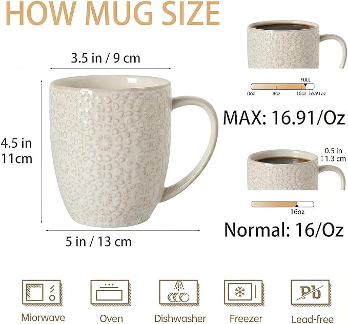 Coffee Mug Set of 4, 16 oz Ceramic Coffee Mugs, Large Embossment Cups, Vintage White Mugs Set for Latte, Cocoa, Hot Tea, Mocha, Housewarming Wedding Gifts, Dishwasher Safe, 3.5 x 4.5 inch