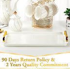 DUJUST Porcelain Serving Tray with Golden Handles, Modern Nordic Style Coffee Table Tray, Beautiful Tea Tray Decor for Living Room, Easy to Use & Clean