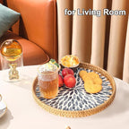 Round Rattan Tray with Mother of Pearl Inlay, Rattan Serving Tray for Coffee, Bread, Fruits, Decorative Wicker Tray for Table Decor, Home Decor, Kitchen Island Decor (Dark Blue Leaf, 11.8")