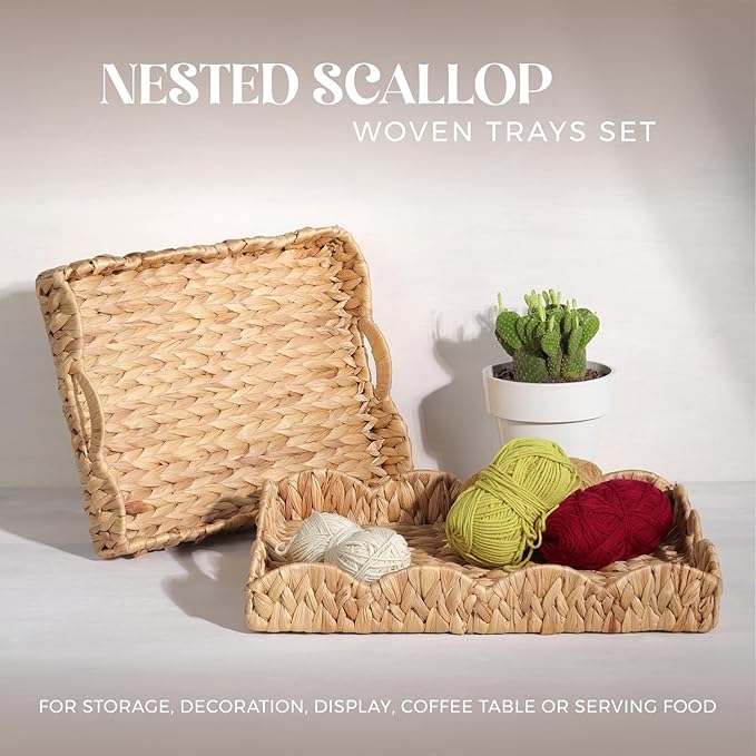 2Pcs - Scalloped Basket, Decorative Basket, Water Hyacinth Tray (17 x 13 x 3 inch - 2Pcs) with Scalloped Edge and Built-in Handles, Rectangle Serving/Woven/Basket/Seagrass Tray