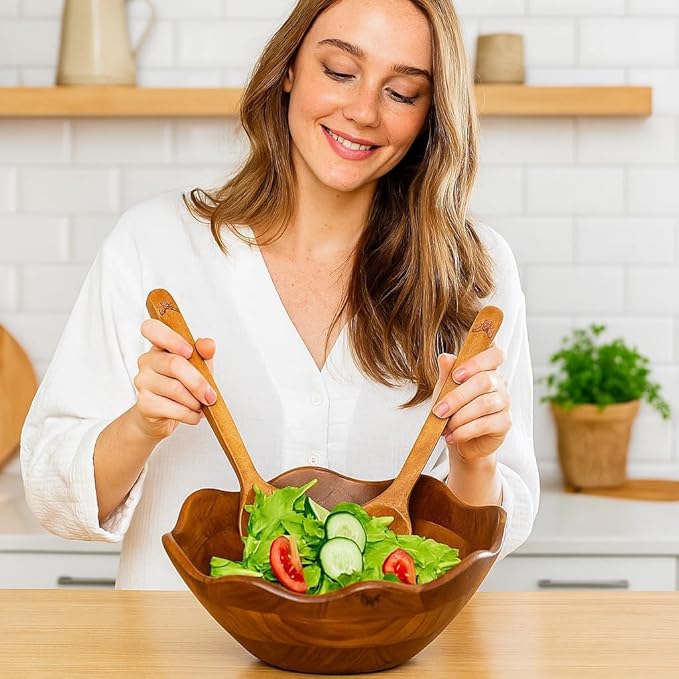 Melvvi Large Wooden Salad Bowl Set of 2 with 2 Serving Utensils | 10" &12 inch Extra Large Acacia Wood Serving Bowls | Great gift for mothers (Natural Set of 4)