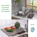 Tomorotec Roll Up Dish Drying Rack Over The Sink Grey Large Dish Drying Rack Rolling Foldable Collapsible SUS304 Stainless Steel Multipurpose Dish Drainer for Kitchen Counter (17.8”x15.7”)