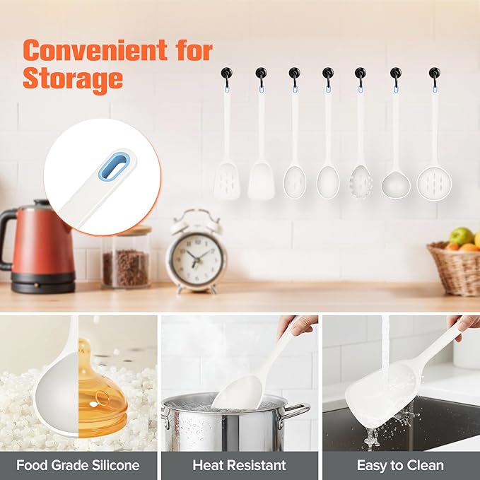 Large Silicone Utensils Set of 7 for Cooking,No Scratch for Nonstick Cookware,Pasta Server,Spaghetti Spoon,Slotted Spoon&Spatula,Solid Spoon&Spatula,Skimmer,Soup Ladle BPA Free Heat Resistant (White)