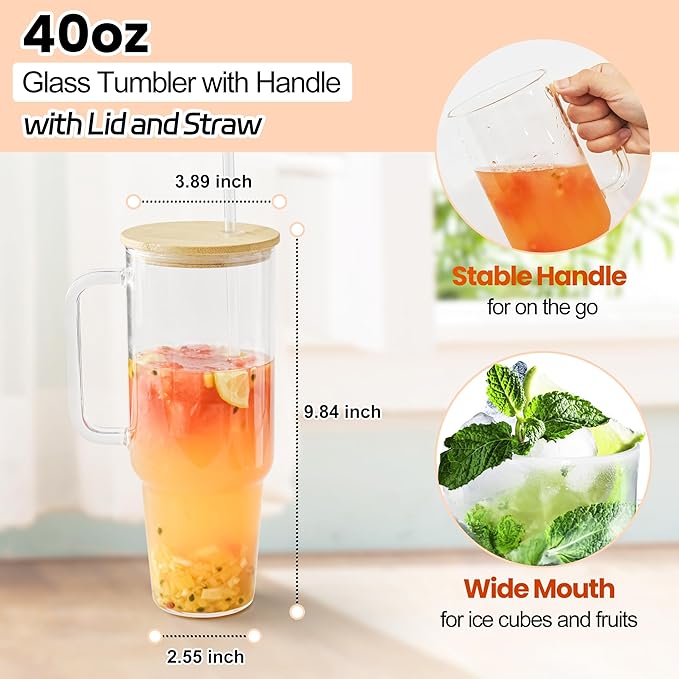 Glass Cups with Lids and Straws 40 oz Glass Tumbler with Straw and Lid 2 Pack Glass Tumbler with Handle Wide Mouth Iced Coffee Cups for Smoothies, Soda, Tea, with Bamboo Lids