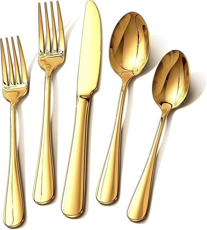 Gold Silverware Set for 12, 60 Piece Stainless Steel Flatware Set, Mirror Polished Food-Grade Cutlery Utensil Set Include Knives Forks Spoons for Kitchen Restaurant Wedding Party, Dishwasher Safe