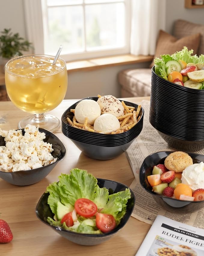bUCLA 50Pack Black Plastic Small Bowls - 8oz Disposable Ice Cream/Salsa/Dipping/Dessert/Sauce/Candy/Small Serving Bowls for Party & Graduation