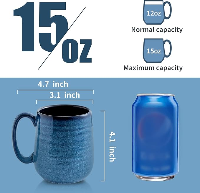 HASENSE Ceramic Coffee Mugs Set of 6, 15oz Large Coffee Mugs with Handle, Coffee Cups for Coffee, Tea, Latte & Cappuccino, Coffee Mugs for Men and Women, Microwave & Dishwasher Safe, Blue