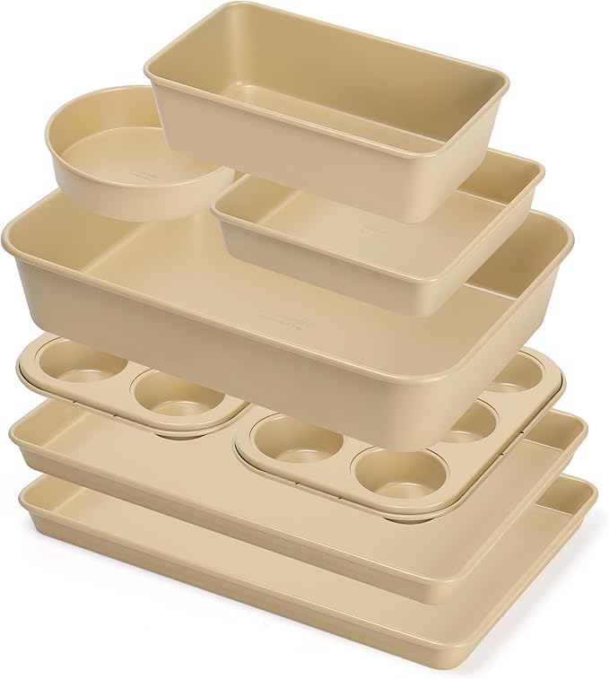 8 Piece Nonstick Stackable Bakeware Set - 8 Piece Nonstick Bakeware Set - Easy Storage, 450°F Oven Safe, Durable Design, Muffin, Loaf, Baking Sheets, Round & Square Pan, Roaster; BPA-Free (Beige)