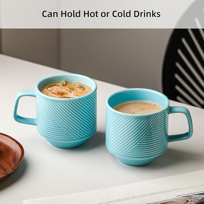 Stackable Coffee Mugs Set: 13 oz Ceramic Stacking Cups for Cappuccino Latte Tea - Microwave Safe Mug for Home & Office - 4 PCS, Turquoise
