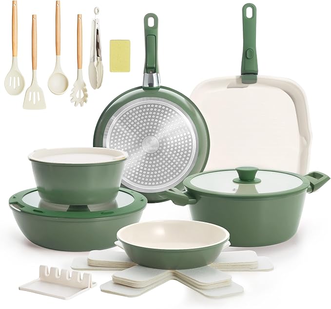 23pcs Ceramic Pots and Pans Set, Nonstick Detachable Handle Cookware, Induction Kitchen Cooking Set with Removable Handle,include Frying Pans & Saucepans Oven Safe(Green)