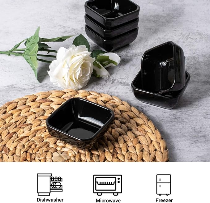 DELLING 3 Oz Porcelain Dip Bowls Set of 6, Black Ceramic Dipping Sauce Bowls - Small Bowls for Charcuterie Board Accessories, Soy Sauce Dish, Condiment Cups for BBQ Party, Dishwasher Safe