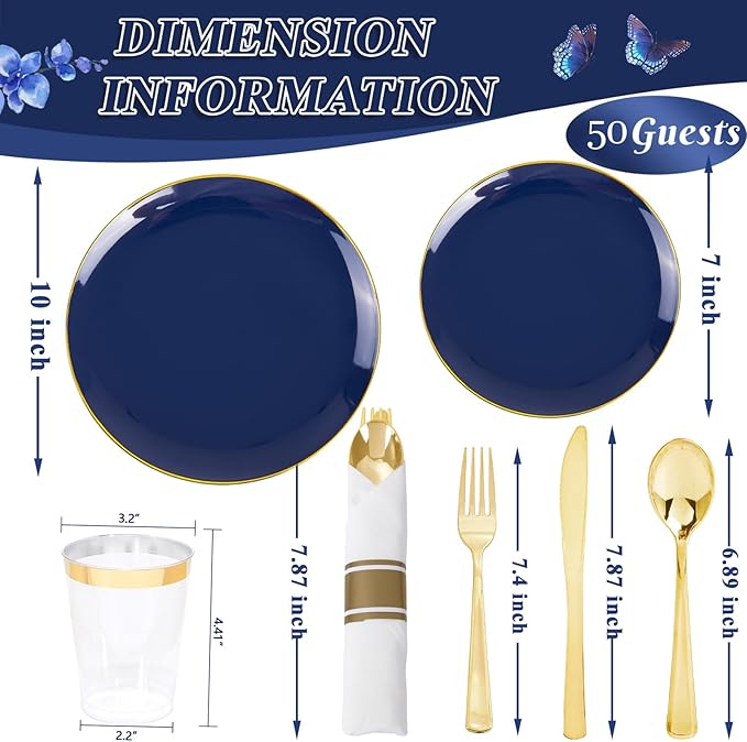 KIRE 350Pcs Blue and Gold Plates -Heavy Duty Navy Blue Dinnerware Set - 100 Plastic Plates 50 Pre Rolled Napkins with Gold Plastic Silverware 50 Cups for Birthday/Wedding/Parties/Passover/Graduation