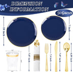 KIRE 350Pcs Blue and Gold Plates -Heavy Duty Navy Blue Dinnerware Set - 100 Plastic Plates 50 Pre Rolled Napkins with Gold Plastic Silverware 50 Cups for Birthday/Wedding/Parties/Passover/Graduation