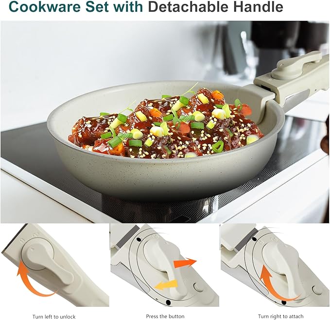 NEWBULIG 12-Piece Pots and Pans Set, Nonstick Cookware Set with Detachable Handle, Non toxic Induction Kitchen Cooking Set, Dishwasher ＆ Oven Safe, RV Friendly, Beige