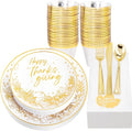 Hioasis 175pcs Thanksgiving Plastic Plates - Elegant Disposable Dinnerware Set Suitable for 25 Guests Include 10.25" Dinner & 7.5" Dessert Plates, Knives,Forks,Spoons, Cups,Napkins for Thanksgiving