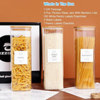 3 Pack Square Kitchen Storage Jars with Airtight Bamboo Lids and 132 Pantry Labels - 80oz Glass Canisters with Wood Lids - Food Storage Containers for Spaghetti, Pasta, Fettuccine